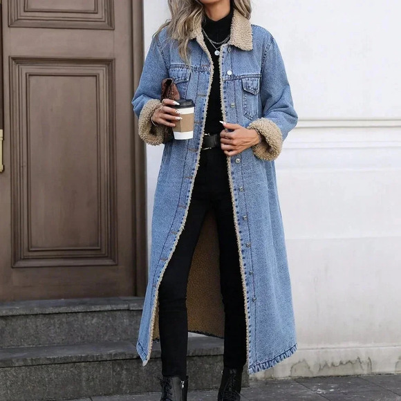 Blue Casual Women's Trendy Fleece-Lined Long Denim Jacket - Picture 4 of 7